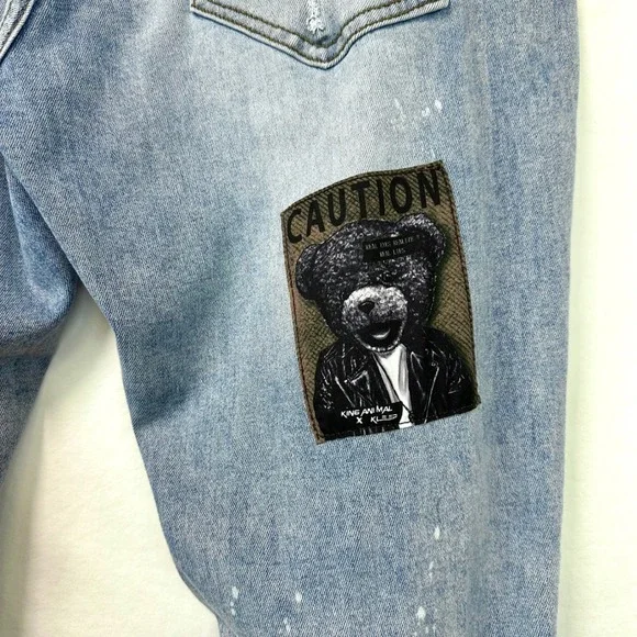 KLEEP Light Wash Denim Streetwear Stacked Skinny Jeans Distressed Patched Men 42 - Picture 7 of 11